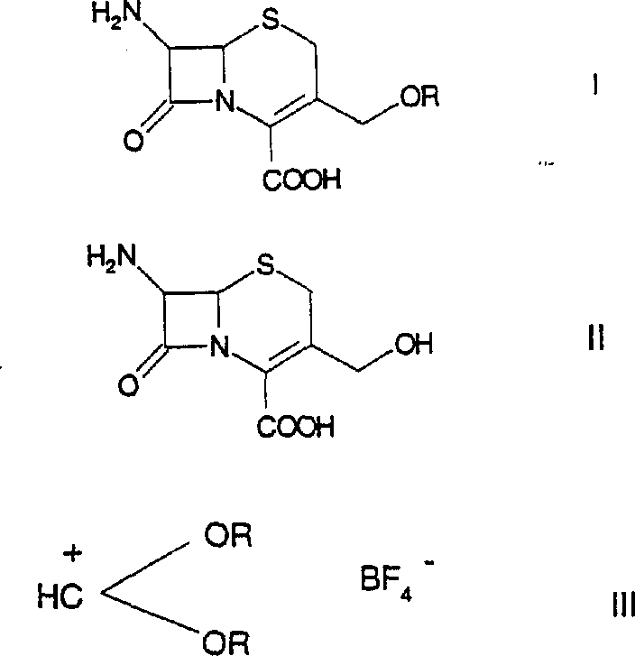 Reaction scheme showing the etherification of 3-hydroxymethyl cephalosporin (Formula II) with dioxycarbenium tetrafluoroborate (Formula III) to yield 3-alkoxymethyl cephalosporin (Formula I)