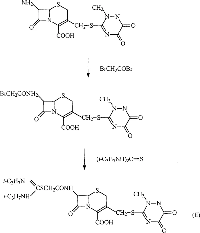 Reaction scheme showing the synthesis of cephalosporin derivative via bromoacetylation and thiourea condensation