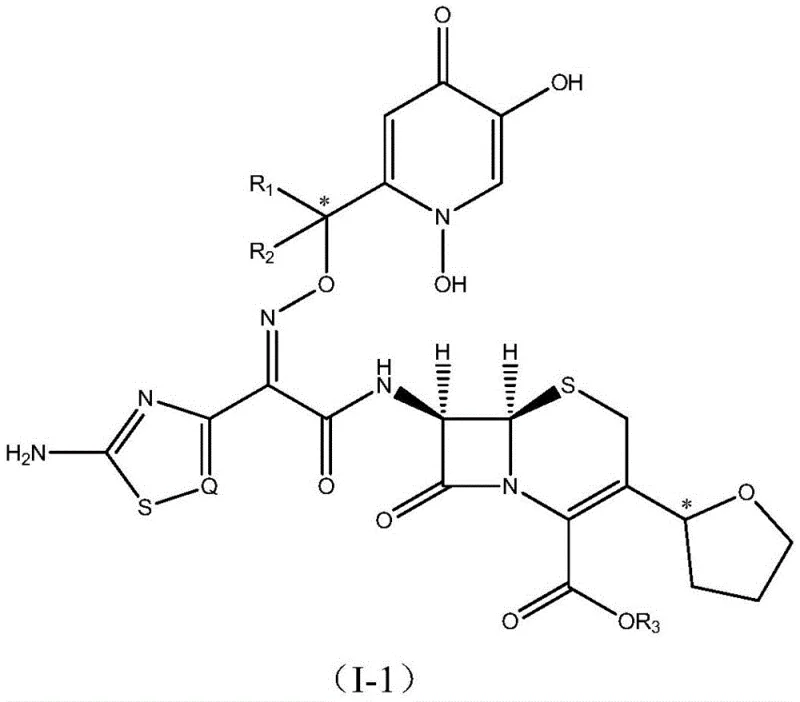 General chemical structure formulas I-1 and I-2 of the cephalosporin-siderophore conjugates showing the siderophore and cephalosporin moieties
