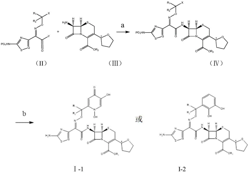 General synthetic route showing the coupling of siderophore acid intermediate II with cephalosporin core III to form the protected conjugate IV and final product I