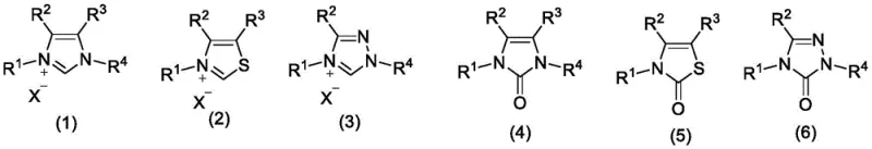 Chemical structures of imidazole, thiazole, and triazole quaternary ammonium salts and their degradation products used as catalysts