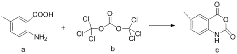 Step 1 reaction scheme showing triphosgene cyclization of 2-amino-5-methylbenzoic acid to intermediate c
