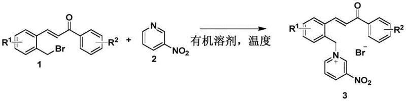 Synthesis reaction scheme showing bromomethyl chalcone reacting with 3-nitropyridine to form the chalcone pyridinium salt