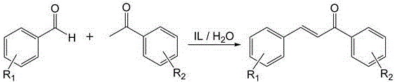 Reaction scheme showing the synthesis of chalcone derivatives from benzaldehyde and acetophenone using ionic liquid catalyst in water