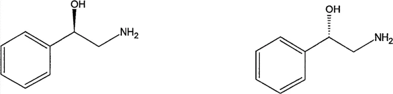 Chemical structures of R and S enantiomers of 2-amino-1-phenylethyl alcohol showing the chiral center