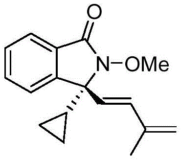 Chemical structure of chiral 3,3-disubstituted isoindolinone product from Example 1 in patent CN113735756A showing cyclopropyl and isopropenyl substituents with N-methoxy group