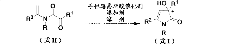 General reaction scheme showing intramolecular enantioselective addition of enamide Formula II to chiral 3-hydroxypyrrolone Formula I