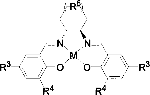 Structure of the chiral salen catalyst (Formula III) featuring a central metal M coordinated by the salen ligand