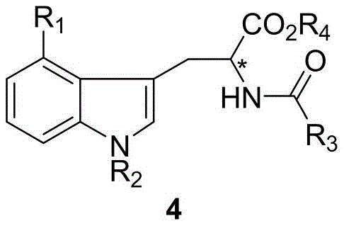 General chemical structure of chiral 4-halogenated tryptophan derivative showing variable substituents