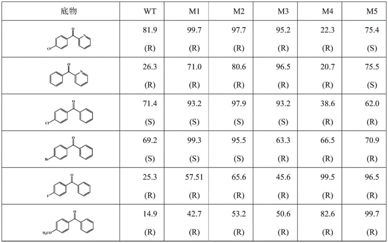 Substrate specificity and stereoselectivity comparison of ADH mutants M1-M5 versus Wild Type
