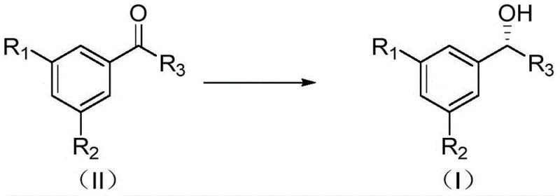 General reaction scheme showing asymmetric hydrogenation of ketone compound II to chiral alcohol I