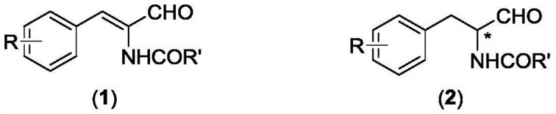 General reaction scheme showing asymmetric hydrogenation of alpha-dehydroamidoaldehyde to chiral alpha-amidoaldehyde
