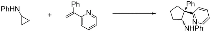 Specific reaction scheme for Example 1 synthesizing N-((1R,2S)-2-phenyl-2-(pyridine-2-yl)cyclopentyl)aniline