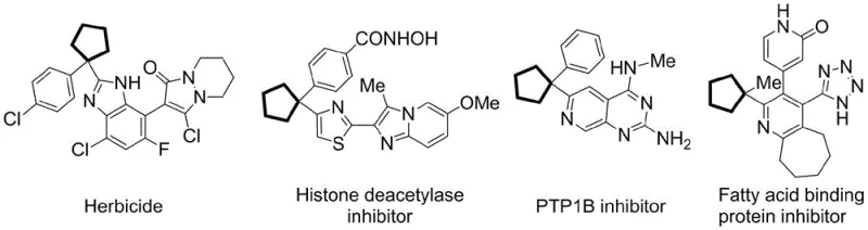 Examples of bioactive molecules containing the chiral pentacyclopentane-azaarene scaffold such as herbicides and HDAC inhibitors