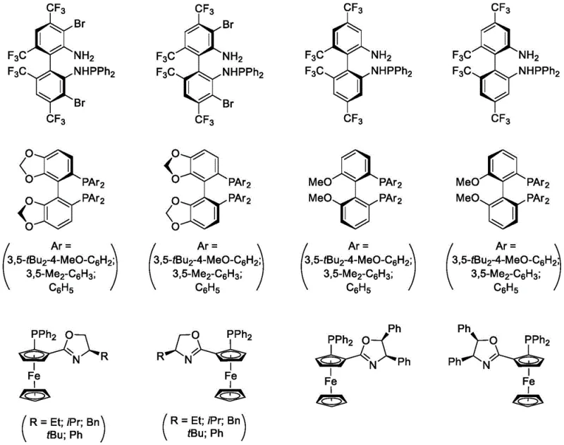 Structures of chiral ligands used in the copper complex catalyst for stereocontrol
