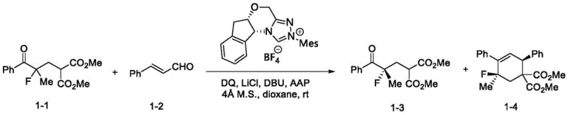 Specific reaction scheme for Example 1 showing the kinetic resolution of racemic alpha-fluoroketone 1-1 with phenylalkenal 1-2