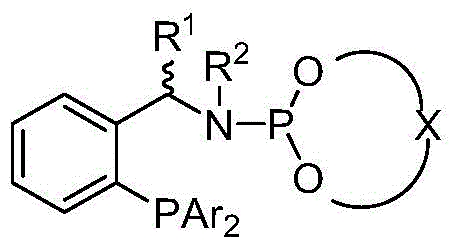 General structure of the chiral phosphine-phosphoramidite ligand used in the catalytic system