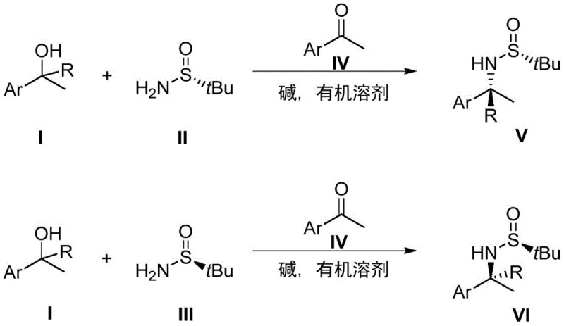 General reaction scheme showing 1-arylethanol reacting with chiral tert-butyl sulfinamide to form chiral amine derivatives