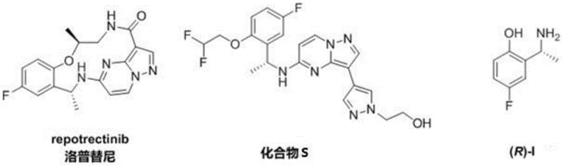 Chemical structures of Repotrectinib, Compound S, and the key chiral amine intermediate (R)-I