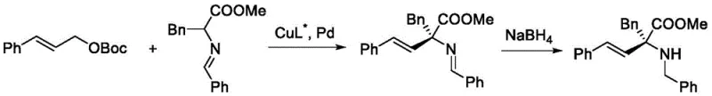 Prior art reaction showing Pd/Cu catalyzed C-C bond formation requiring additional reduction steps