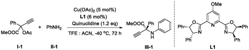 Specific example reaction showing synthesis of product III-1 from I-1 and aniline