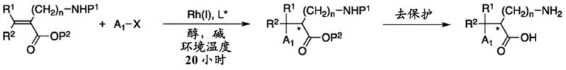 General reaction scheme showing Rh-catalyzed conjugate addition of organoboron to alpha-amino acrylate