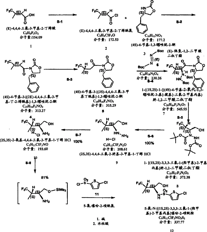 Detailed reaction scheme including specific examples and molecular weights