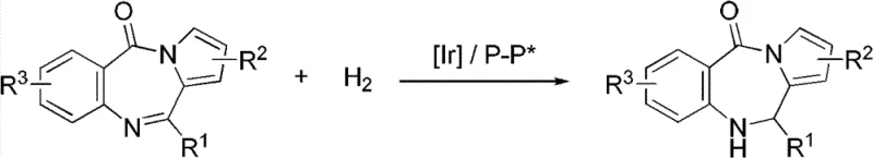 General reaction scheme for iridium-catalyzed asymmetric hydrogenation of pyrrolo-benzodiazepine ketones