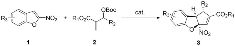 General reaction scheme for asymmetric dearomatization [3+2] cycloaddition of nitro-substituted benzofuran and MBH carbonate