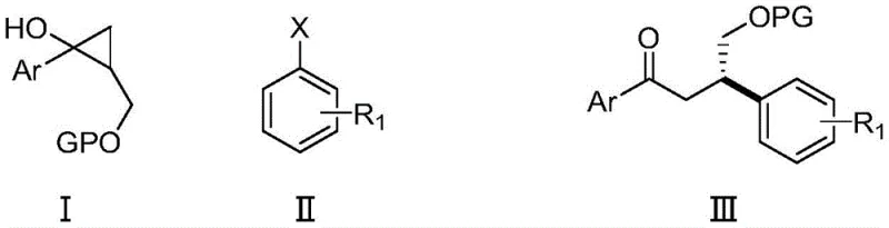 General reaction scheme of visible light nickel catalyzed asymmetric beta-arylation of cyclopropanols