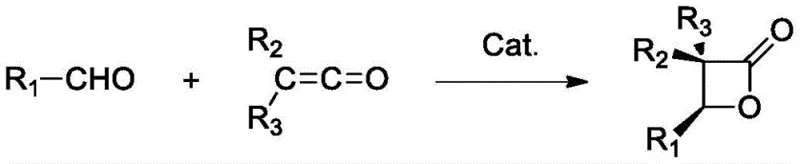 General reaction scheme showing aldehyde and ketene undergoing 2+2 cycloaddition to form chiral beta-butyrolactone