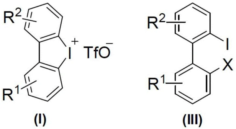General reaction scheme showing the conversion of diaryl cyclic iodonium salt (I) to 2,2'-dihalogenated biaryl compound (III) using copper catalysis
