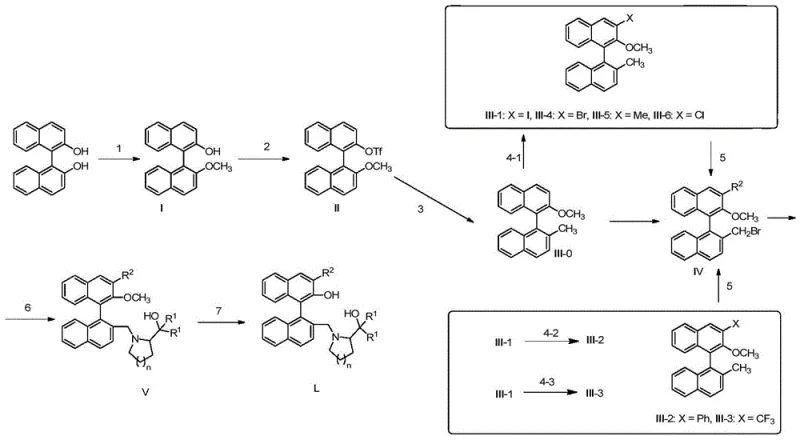 General synthetic route for chiral binaphthyl-aza ligands showing key intermediates