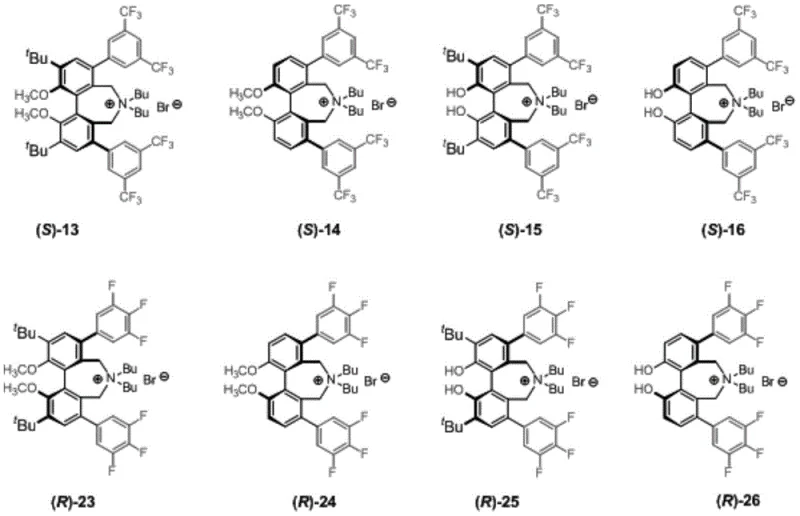 Specific structures of catalysts (S)-13 through (R)-26 highlighting substituent variations