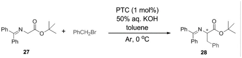 Reaction scheme for asymmetric alkylation of glycine derivative 27 to product 28 using the chiral catalyst