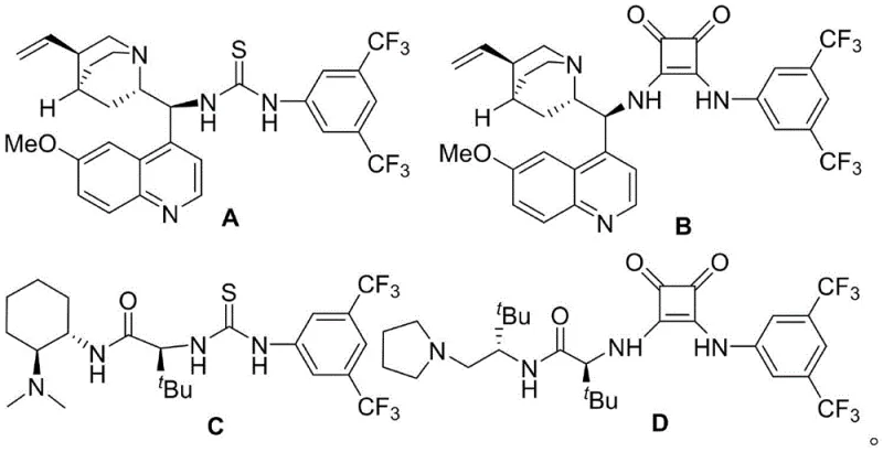 Structures of chiral catalysts A, B, C, and D used in the synthesis