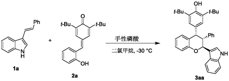 Specific reaction scheme for Example 1 showing the synthesis of compound 3aa from reactants 1a and 2a using chiral phosphoric acid