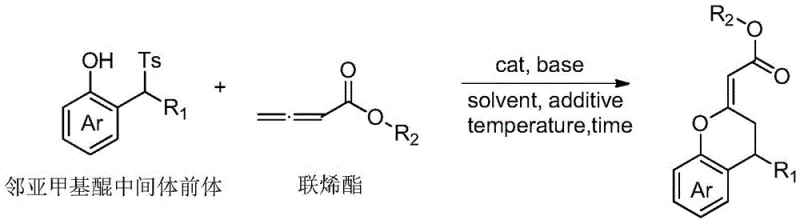 General reaction scheme showing asymmetric nucleophilic addition and cyclization of dienyl ester on o-methylenequinone intermediate