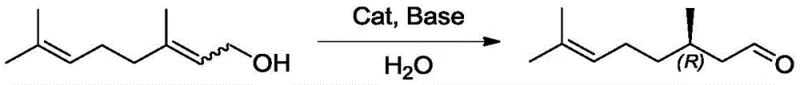 Reaction scheme showing isomerization of nerol or geraniol to R-citronellal using water-soluble catalyst and base