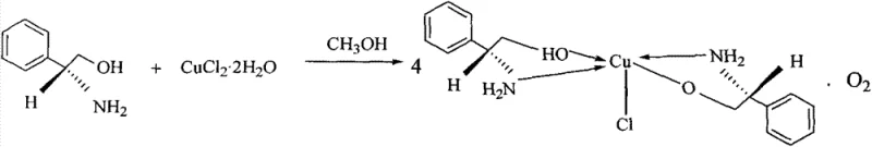 Synthesis reaction scheme showing L-phenylglycinol reacting with copper chloride dihydrate to form the chiral complex