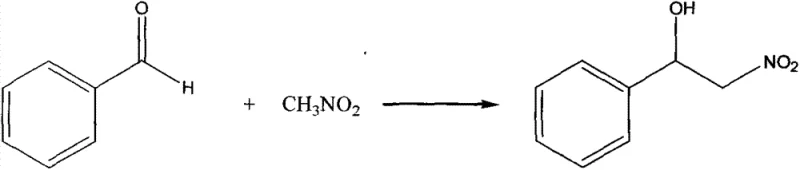 Chemical equation showing the Henry reaction of benzaldehyde with nitromethane catalyzed by the chiral copper complex