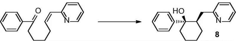 Specific reaction scheme for Example 1 showing the synthesis of (1R,2R)-1-phenyl-2-(pyridin-2-ylmethyl)cyclohexanol