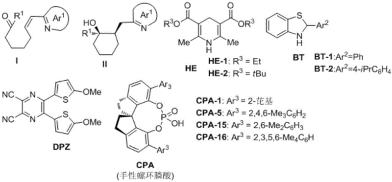 Structures of key catalysts and reagents including DPZ photocatalyst, Hantzsch Ester, and Chiral Phosphoric Acids used in the reaction