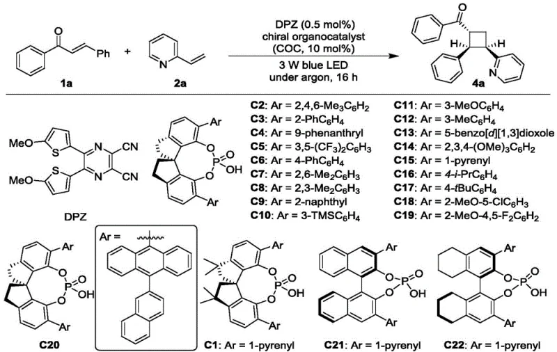 Structures of DPZ photocatalyst and various Chiral Phosphoric Acid (CPA) organocatalysts