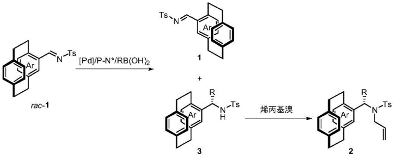 General reaction scheme for the kinetic resolution of racemic cyclophane imine to chiral imine and amine derivatives