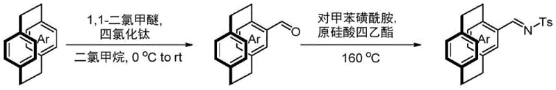 Synthesis pathway for the cyclophane imine substrate from cyclophane aldehyde