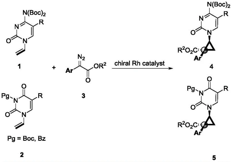 General reaction scheme showing rhodium-catalyzed asymmetric cyclopropanation of 1-vinyl pyrimidine with aryl diazo ester to form chiral cyclopropyl nucleoside analogs