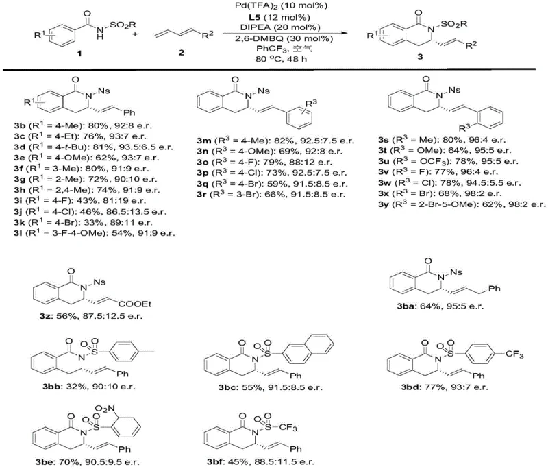 Substrate scope showing diverse R groups tolerated in the synthesis of compounds 3b to 3bf