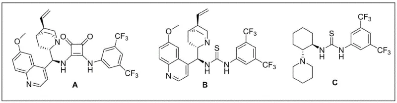 Structures of chiral bifunctional squaramide catalysts A, B, and C used in the synthesis