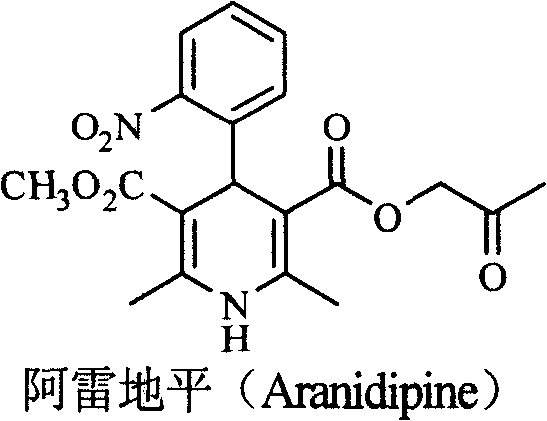 Chemical structure of Aranidipine showing the core 1,4-dihydropyridine scaffold with a carbonyl-containing side chain